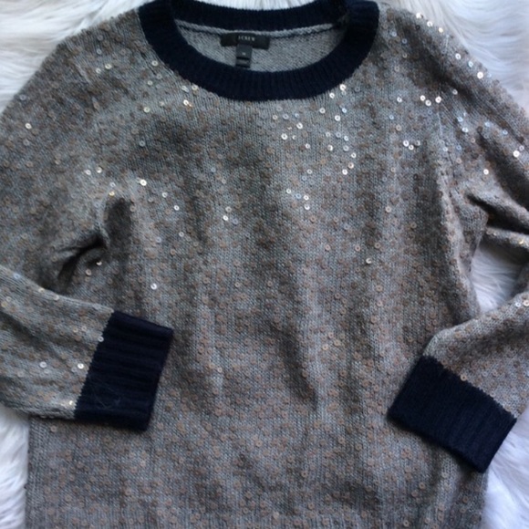J. Crew Scattered Sequin Sweater Gray with Navy trim sz M EUC - Picture 4 of 6